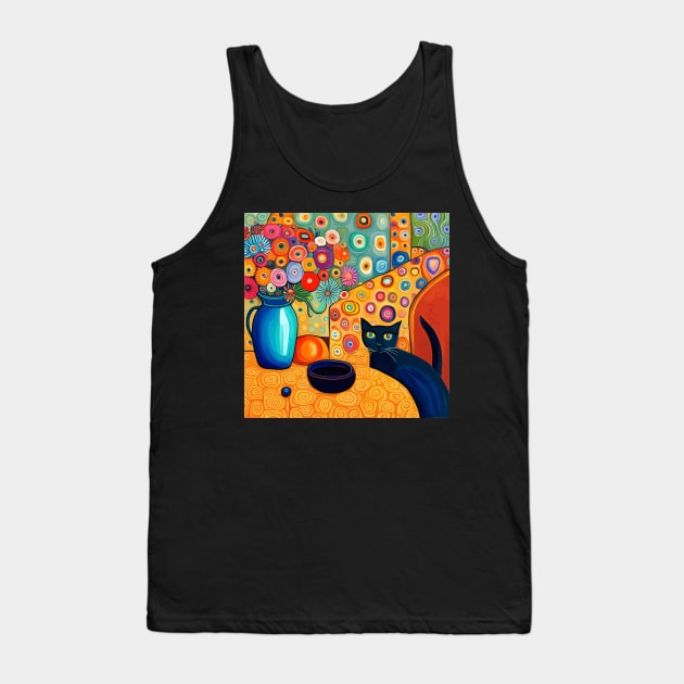 Black Cat with Modern Still Life Painting in Blue Vase Tank Top by bragova